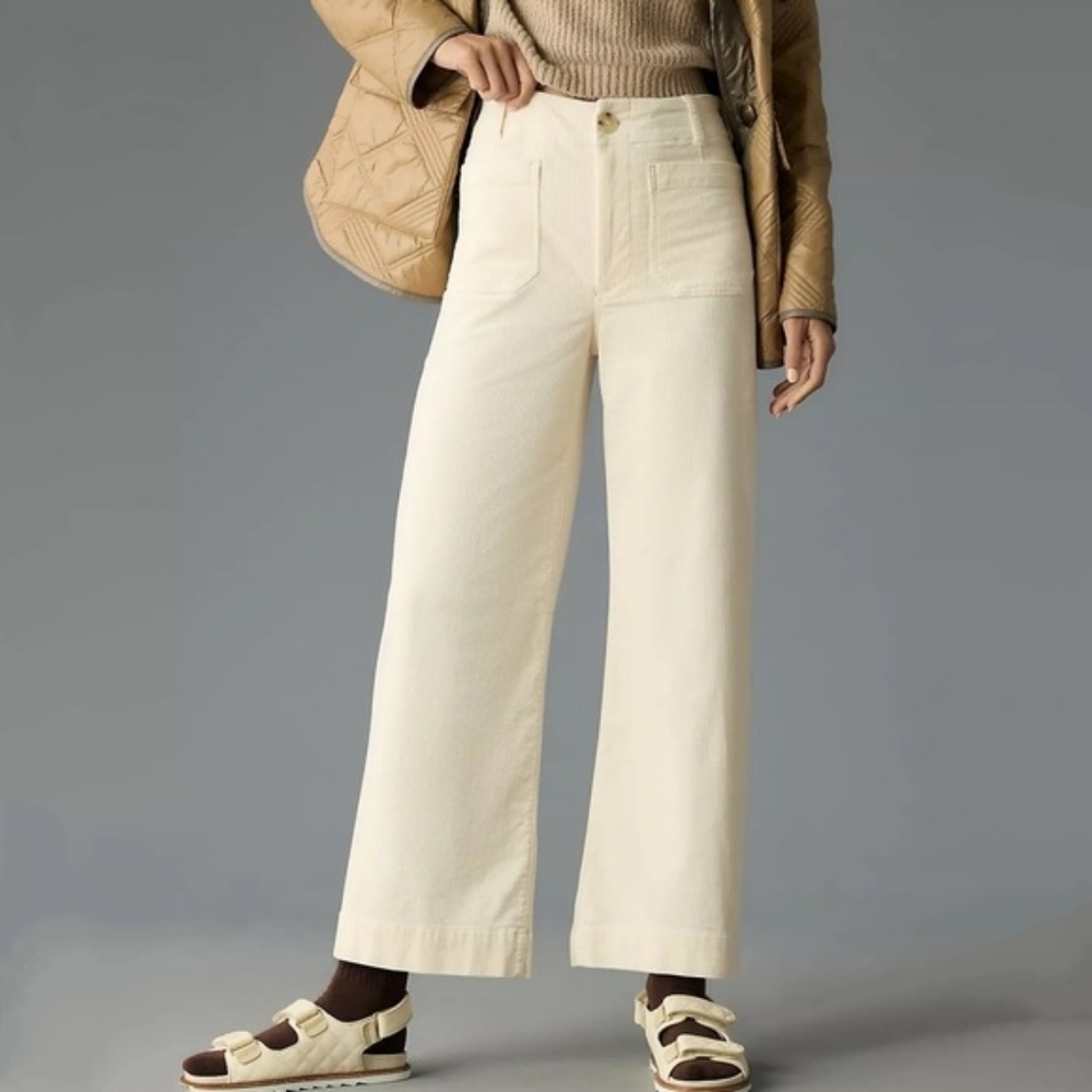 Maeve x Anthropologie The Colette Corduroy Wideleg Cropped Pants Neutral Ivory - Picture 2 of 14